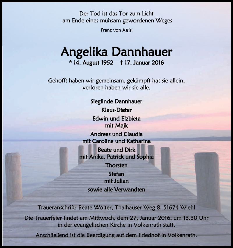  Traueranzeige für Angelika Dannhauer vom 23.01.2016 aus Kölner Stadt-Anzeiger / Kölnische Rundschau / Express