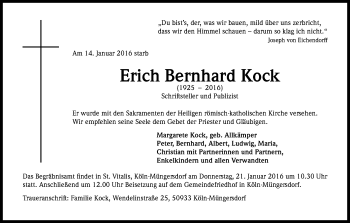 Anzeige von Erich Bernhard Kock von Kölner Stadt-Anzeiger / Kölnische Rundschau / Express