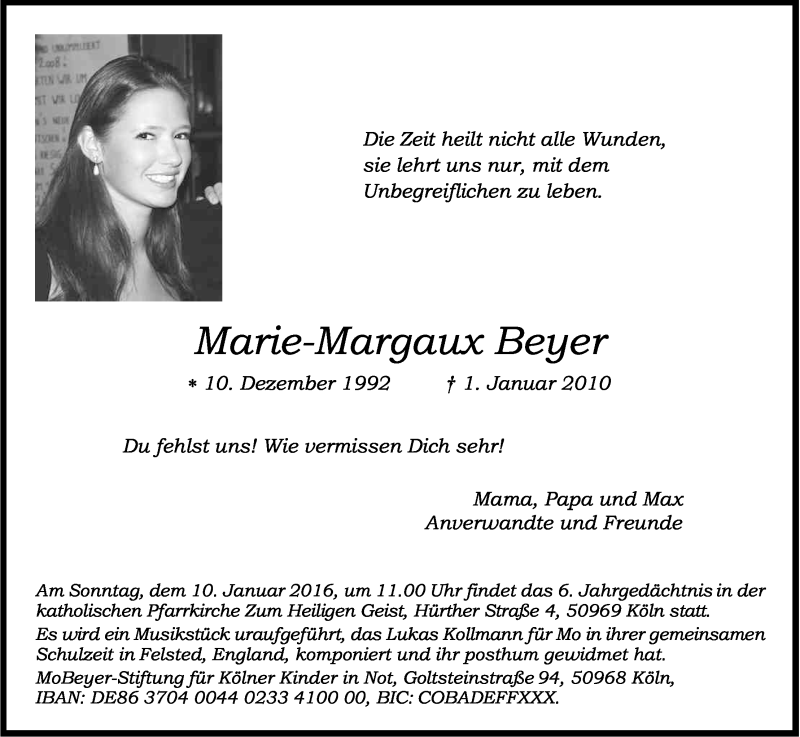  Traueranzeige für Marie-Margaux Beyer vom 09.01.2016 aus Kölner Stadt-Anzeiger / Kölnische Rundschau / Express