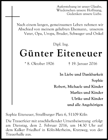 Anzeige von Günter Eiteneuer von Kölner Stadt-Anzeiger / Kölnische Rundschau / Express