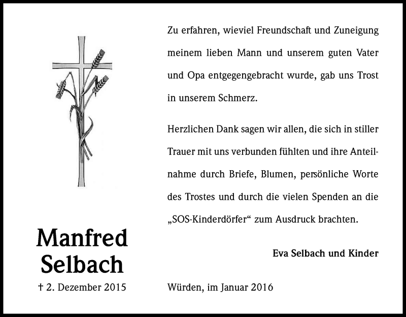  Traueranzeige für Manfred Selbach vom 06.01.2016 aus Kölner Stadt-Anzeiger / Kölnische Rundschau / Express