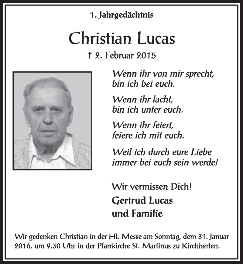  Traueranzeige für Christian Lucas vom 23.01.2016 aus  Sonntags-Post 