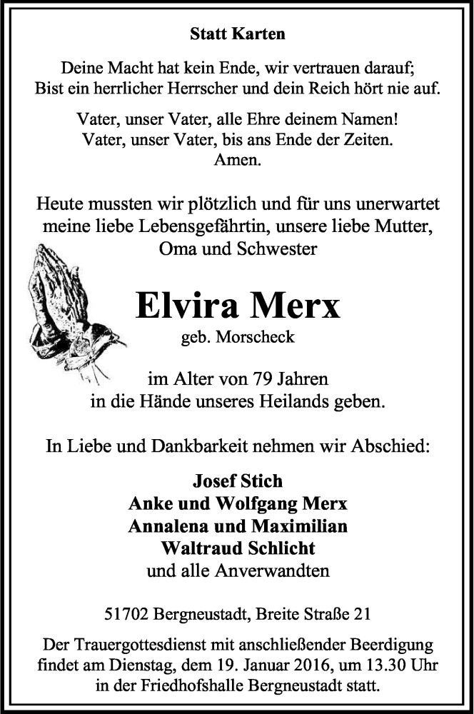  Traueranzeige für Elvira Merx vom 16.01.2016 aus Kölner Stadt-Anzeiger / Kölnische Rundschau / Express
