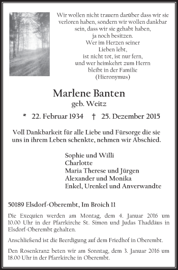 Anzeige von Marlene Banten von  Sonntags-Post 