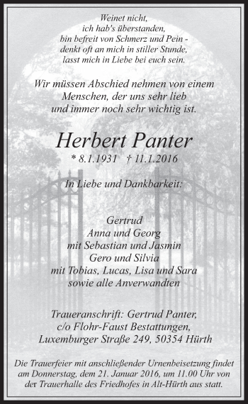 Anzeige von Herbert Panter von  Wochenende 