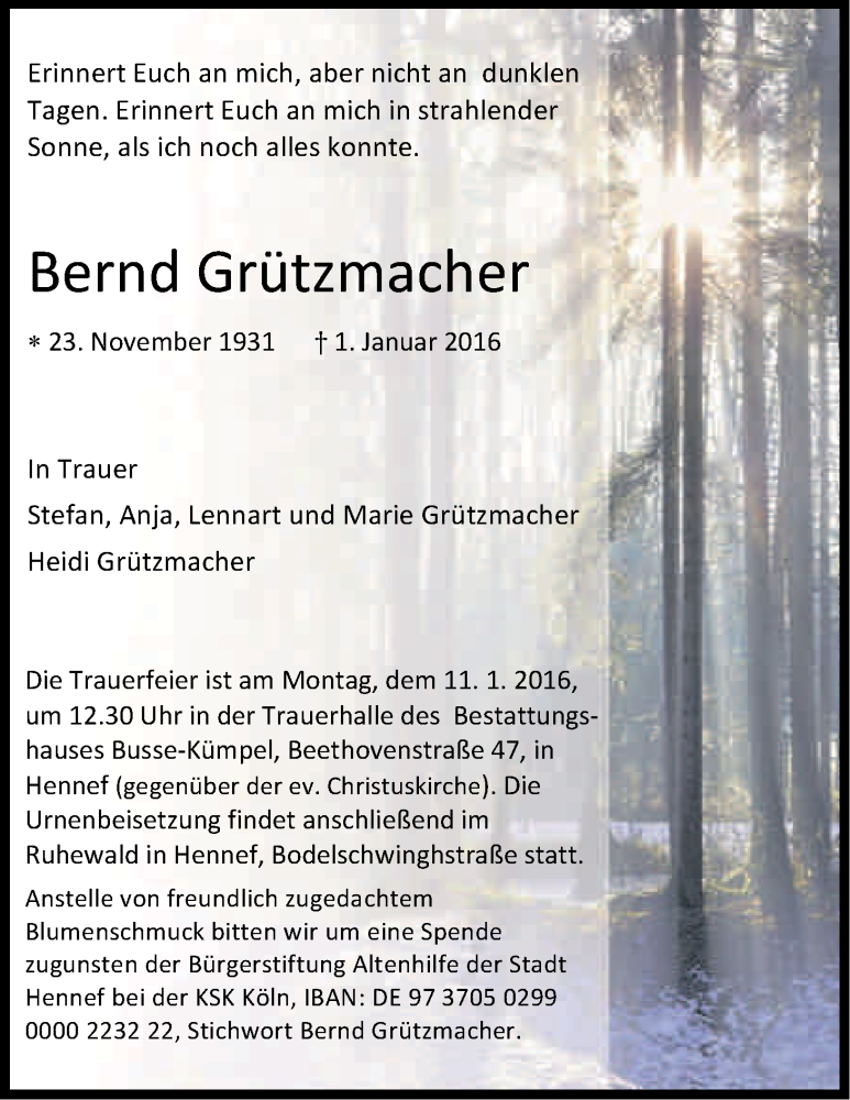  Traueranzeige für Bernhard Grützmacher vom 06.01.2016 aus Kölner Stadt-Anzeiger / Kölnische Rundschau / Express