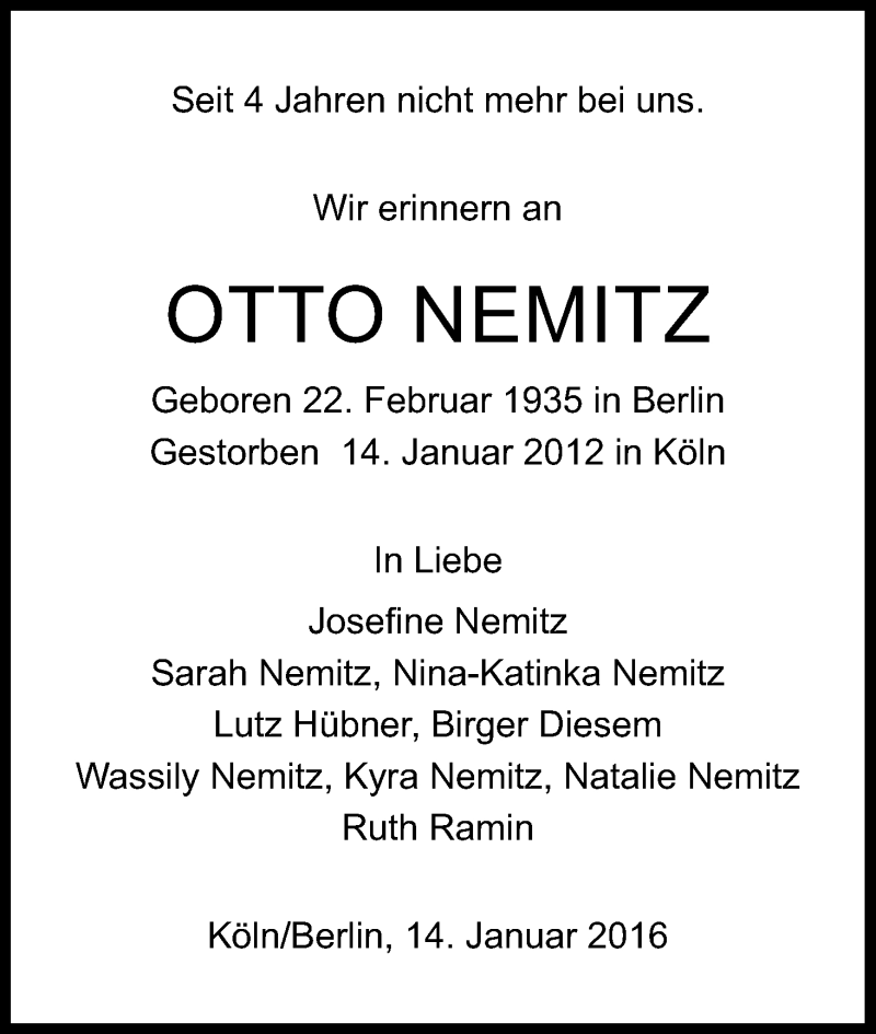  Traueranzeige für Otto Nemitz vom 14.01.2016 aus Kölner Stadt-Anzeiger / Kölnische Rundschau / Express
