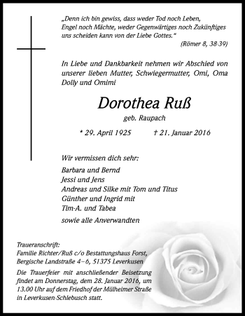 Anzeige von Dorothea Ruß von Kölner Stadt-Anzeiger / Kölnische Rundschau / Express