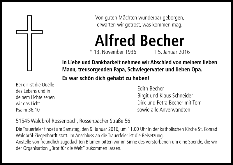  Traueranzeige für Alfred Becher vom 07.01.2016 aus Kölner Stadt-Anzeiger / Kölnische Rundschau / Express