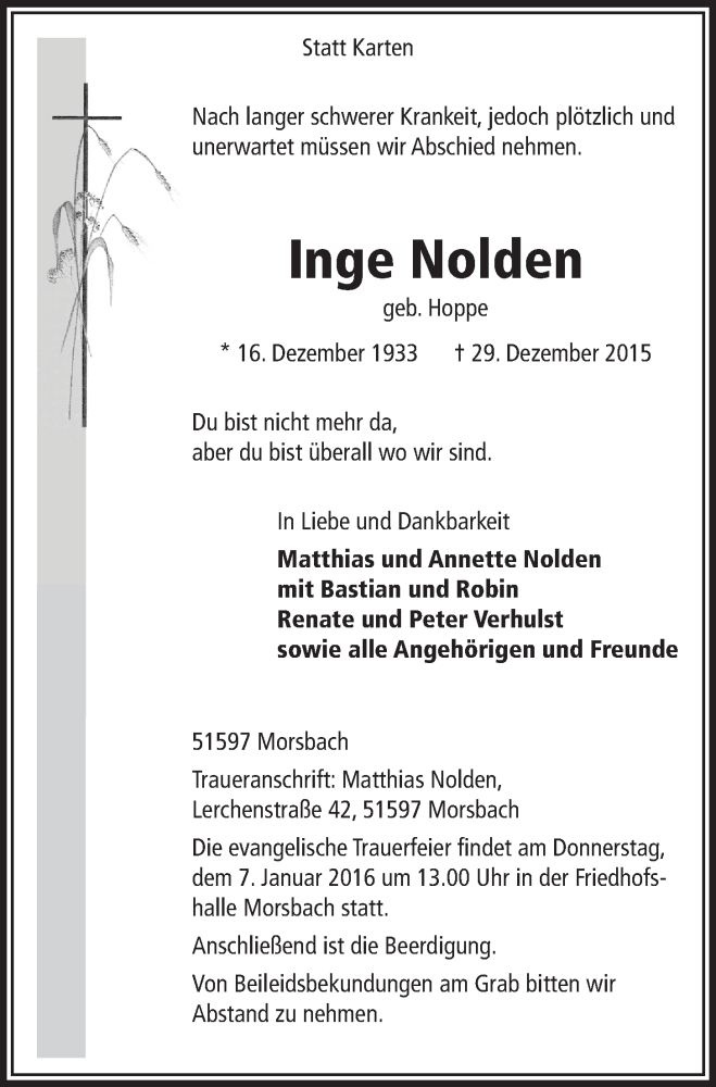  Traueranzeige für Inge Nolden vom 06.01.2016 aus  Lokalanzeiger 