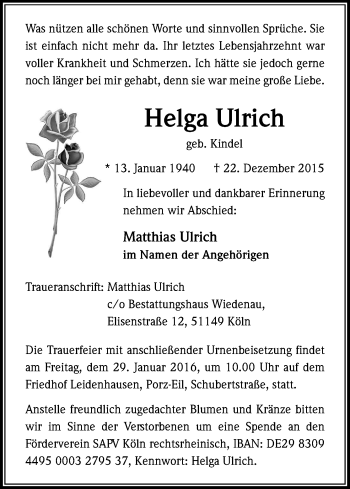 Anzeige von Helga Ulrich von Kölner Stadt-Anzeiger / Kölnische Rundschau / Express