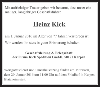 Anzeige von Heinz Kick von  Werbepost 