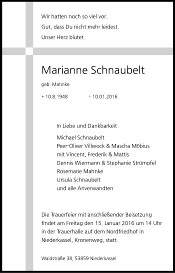 Anzeige von Marianne Schnaubelt von Kölner Stadt-Anzeiger / Kölnische Rundschau / Express