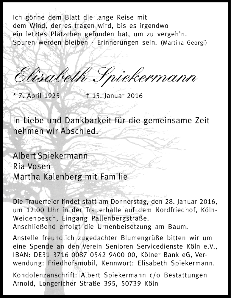  Traueranzeige für Elisabeth Spiekermann vom 23.01.2016 aus Kölner Stadt-Anzeiger / Kölnische Rundschau / Express