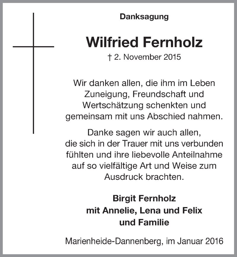  Traueranzeige für Wilfried Fernholz vom 20.01.2016 aus  Anzeigen Echo 