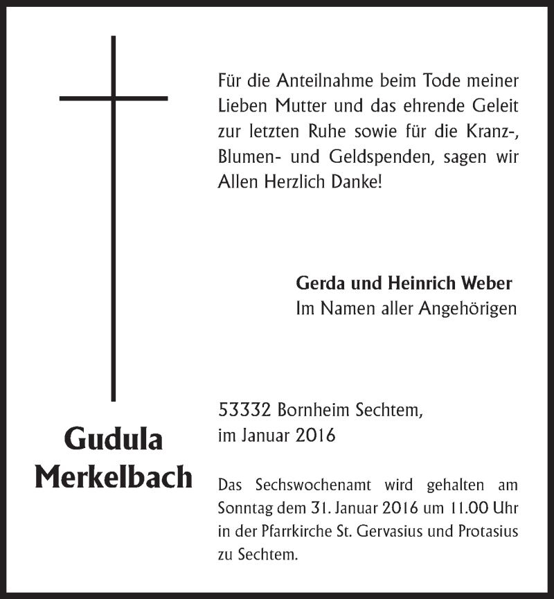  Traueranzeige für Gudula Merkelbach vom 27.01.2016 aus  Schaufenster/Blickpunkt  Schlossbote/Werbekurier 