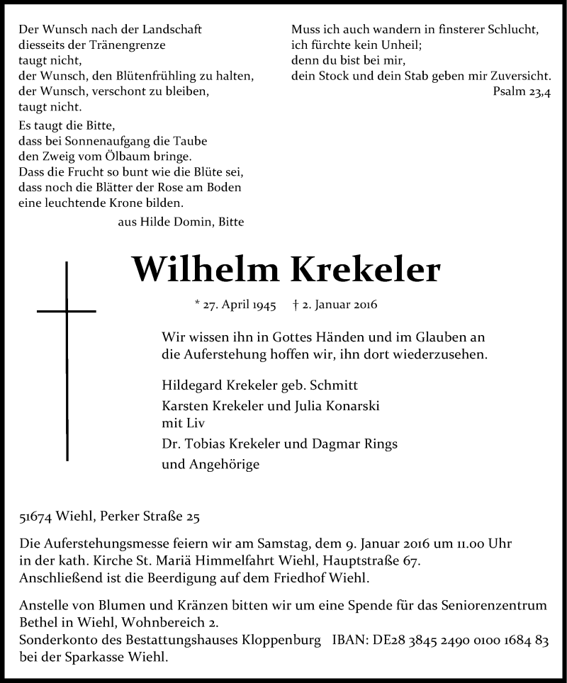  Traueranzeige für Wilhelm Krekeler vom 06.01.2016 aus Kölner Stadt-Anzeiger / Kölnische Rundschau / Express