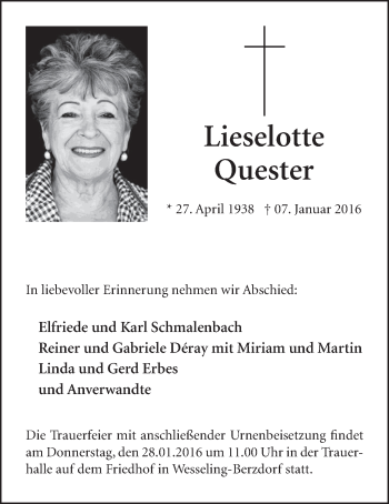 Anzeige von Lieselotte Quester von  Schlossbote/Werbekurier 