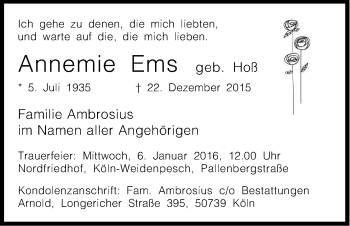 Anzeige von Annemie Ems von Kölner Stadt-Anzeiger / Kölnische Rundschau / Express