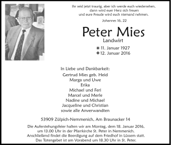 Anzeige von Peter Mies von Kölner Stadt-Anzeiger / Kölnische Rundschau / Express