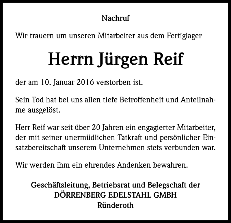  Traueranzeige für Jürgen Reif vom 14.01.2016 aus Kölner Stadt-Anzeiger / Kölnische Rundschau / Express