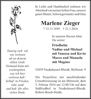 Anzeige von Marlene Zieger von  Extra Blatt 
