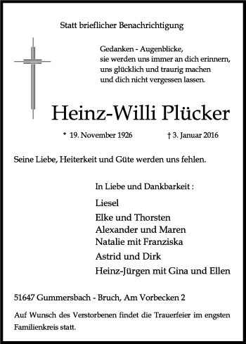 Anzeige von Heinz-Willi Plücker von Kölner Stadt-Anzeiger / Kölnische Rundschau / Express