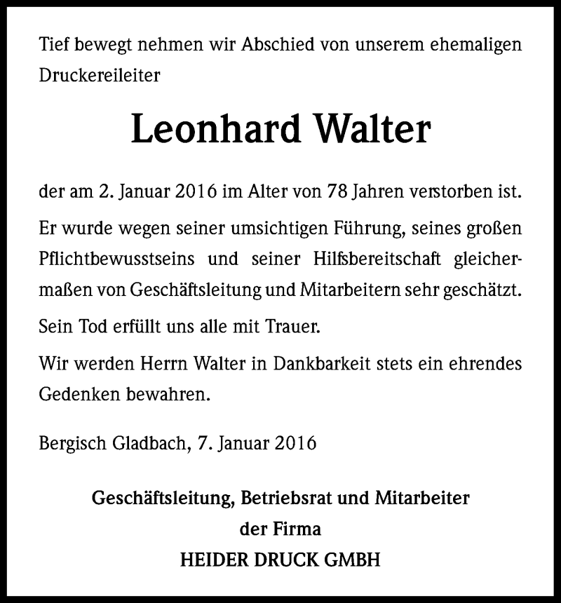  Traueranzeige für Leonhard Walter vom 09.01.2016 aus Kölner Stadt-Anzeiger / Kölnische Rundschau / Express
