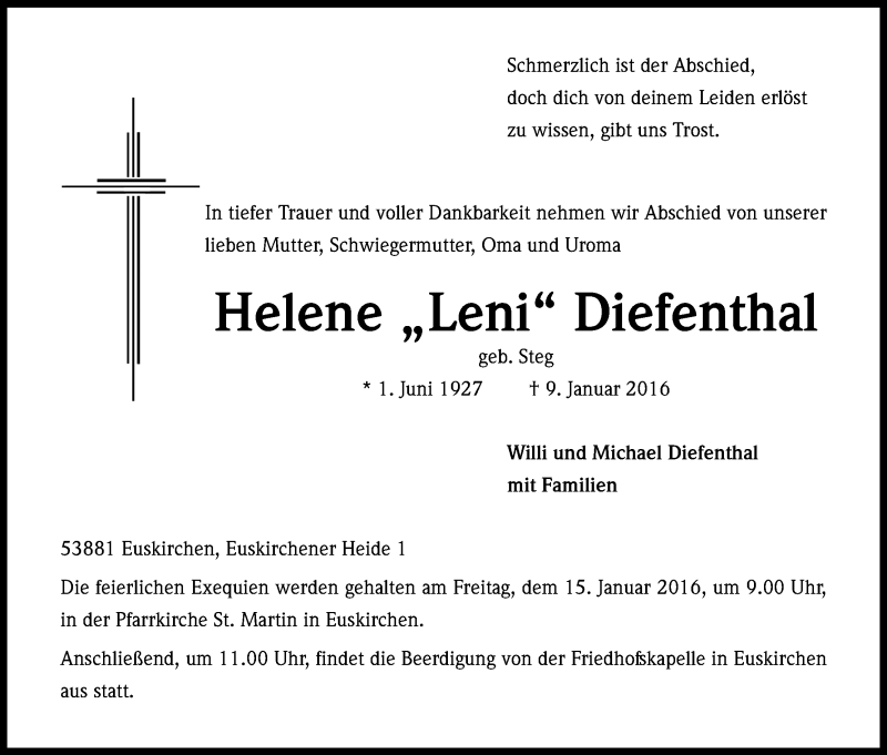  Traueranzeige für Helene Diefenthal vom 12.01.2016 aus Kölner Stadt-Anzeiger / Kölnische Rundschau / Express