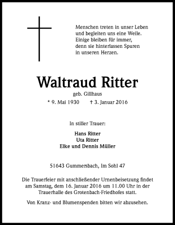Anzeige von Waltraud Ritter von Kölner Stadt-Anzeiger / Kölnische Rundschau / Express