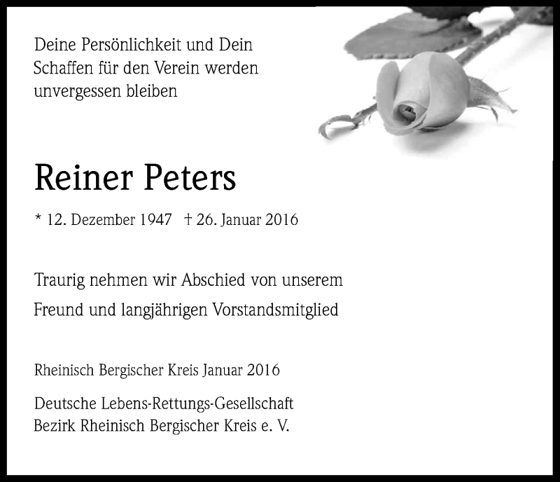  Traueranzeige für Reiner Peters vom 30.01.2016 aus Kölner Stadt-Anzeiger / Kölnische Rundschau / Express