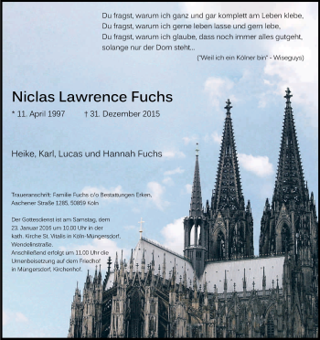 Anzeige von Niclas Lawrence Fuchs von Kölner Stadt-Anzeiger / Kölnische Rundschau / Express