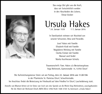 Anzeige von Ursula Hakes von Kölner Stadt-Anzeiger / Kölnische Rundschau / Express