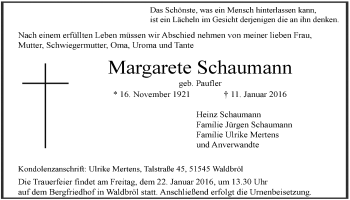 Anzeige von Margarete Schaumann von  Lokalanzeiger 