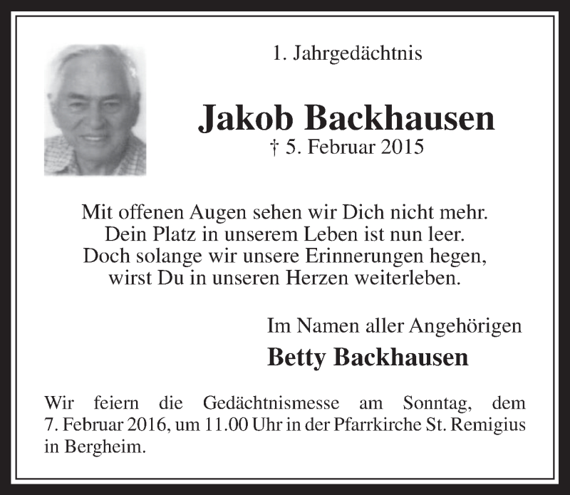  Traueranzeige für Jakob Backhausen vom 27.01.2016 aus  Werbepost 