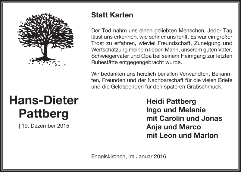  Traueranzeige für Hans-Dieter Pattberg vom 27.01.2016 aus  Anzeigen Echo 