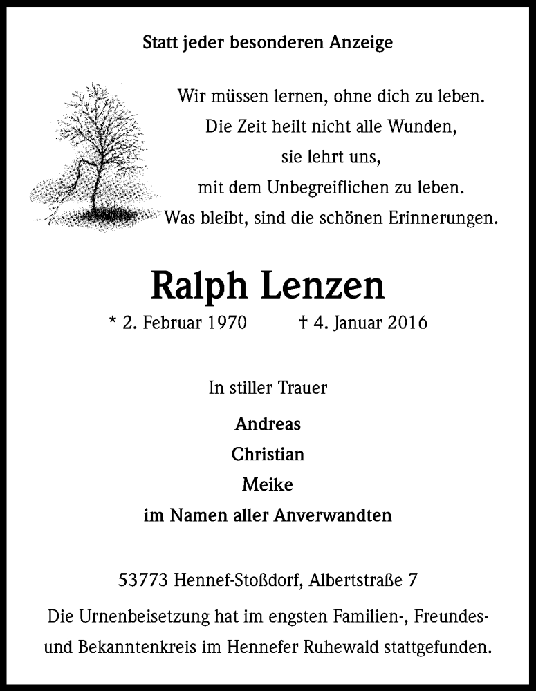  Traueranzeige für Ralph Lenzen vom 16.01.2016 aus Kölner Stadt-Anzeiger / Kölnische Rundschau / Express