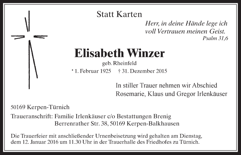  Traueranzeige für Elisabeth Winzer vom 06.01.2016 aus  Werbepost 