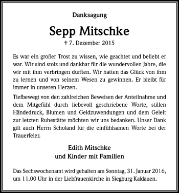 Anzeige von Sepp Mitschke von Kölner Stadt-Anzeiger / Kölnische Rundschau / Express