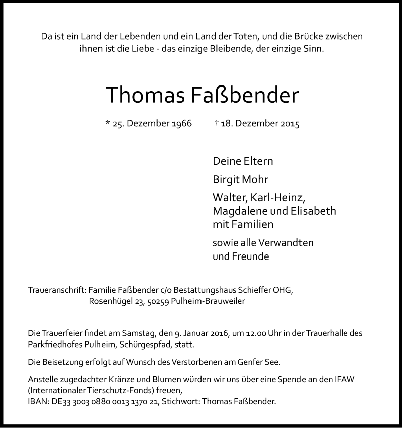  Traueranzeige für Thomas Faßbender vom 02.01.2016 aus Kölner Stadt-Anzeiger / Kölnische Rundschau / Express