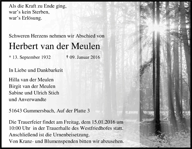  Traueranzeige für Herbert van der Meulen vom 12.01.2016 aus Kölner Stadt-Anzeiger / Kölnische Rundschau / Express