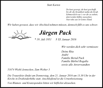 Anzeige von Jürgen Pack von Kölner Stadt-Anzeiger / Kölnische Rundschau / Express