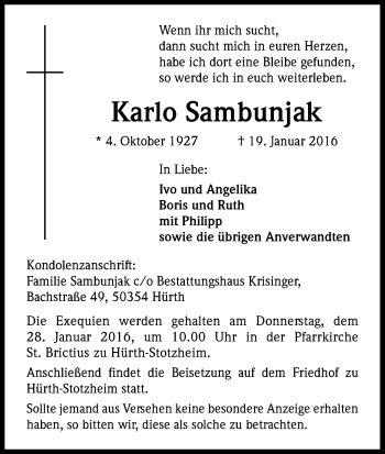 Anzeige von Karlo Sambunjak von Kölner Stadt-Anzeiger / Kölnische Rundschau / Express