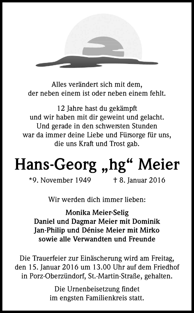  Traueranzeige für Hans Georg Meier vom 13.01.2016 aus Kölner Stadt-Anzeiger / Kölnische Rundschau / Express