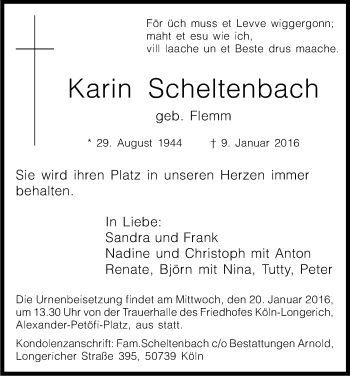 Anzeige von Karin Scheltenbach von Kölner Stadt-Anzeiger / Kölnische Rundschau / Express