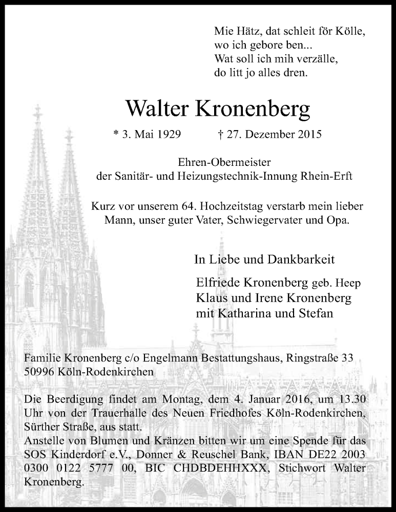  Traueranzeige für Walter Kronenberg vom 02.01.2016 aus Kölner Stadt-Anzeiger / Kölnische Rundschau / Express