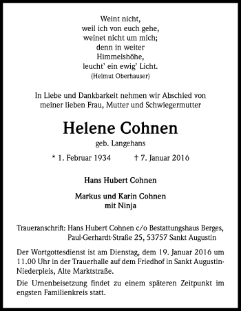 Anzeige von Helene Cohnen von Kölner Stadt-Anzeiger / Kölnische Rundschau / Express