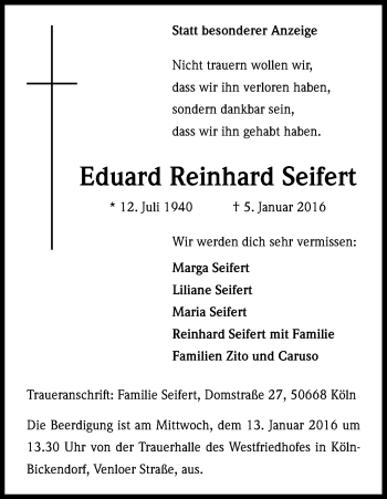 Anzeige von Eduard Reinhard Seifert von Kölner Stadt-Anzeiger / Kölnische Rundschau / Express