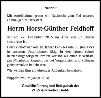 Anzeige von Horst-Günther Feldhoff von Kölner Stadt-Anzeiger / Kölnische Rundschau / Express