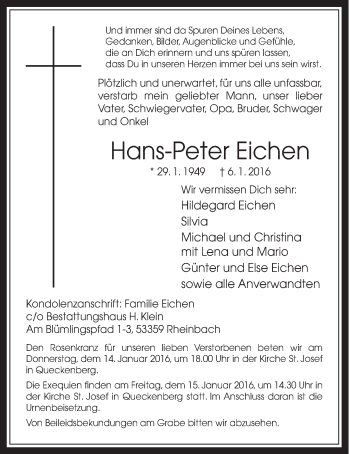 Anzeige von Hans-Peter Eichen von  Schaufenster/Blickpunkt 
